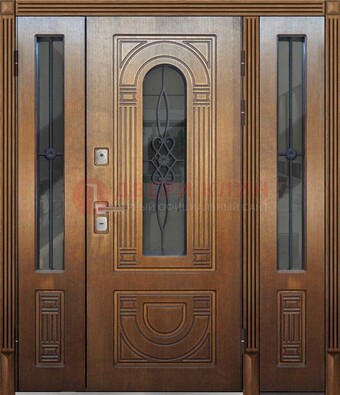 Коричневая стальная парадная дверь с фрамугой ДПР-84 в Сергиевом Посаде