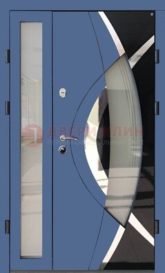 Синяя металлическая дверь со стеклом и узором ДС-13 в Сергиевом Посаде