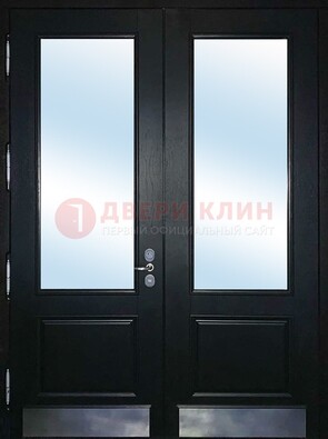 Черная двухстворчатая металлическая дверь со стеклом ДС-25 в Сергиевом Посаде