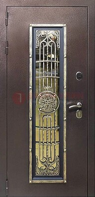 Железная дверь цвета медный антик со стеклом и ковкой ДСК-105 в Сергиевом Посаде