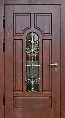 Cтальная дверь со стеклом и ковкой в коричневом цвете ДСК-119 в Сергиевом Посаде