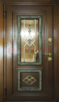 Теплая входная дверь со стеклом и ковкой разноцветной ДСК-13 в Сергиевом Посаде