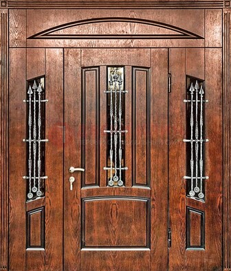 Стальная дверь со стеклом и ковкой с фрамугами ДСК-149 коричневая в Сергиевом Посаде