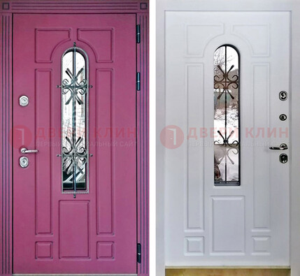 Розовая металлическая дверь со стеклом и ковкой ДСК-151 в Сергиевом Посаде