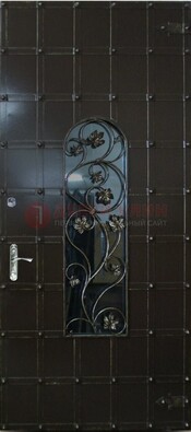 Высокая железная дверь со стеклом и ковкой ДСК-15 в Сергиевом Посаде