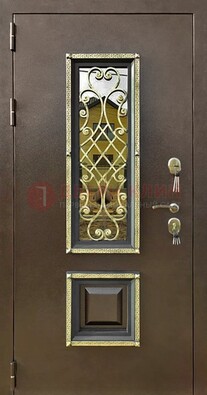 Входная дверь порошок со стеклом и ковкой для коттеджа ДСК-166 в Сергиевом Посаде