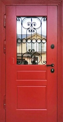 Красная железная дверь Винорит со стеклом и ковкой ДСК-205 в Сергиевом Посаде