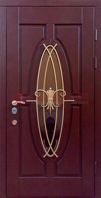 Бордовая стальная дверь Винорит со стеклом и ковкой ДСК-263 в Сергиевом Посаде