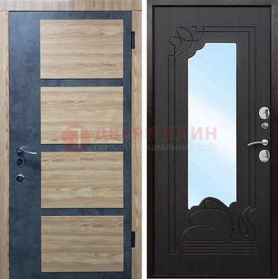 Металлическая дверь Темный орех c фрезерованной МДФ с зеркалом ДЗ-103 в Сергиевом Посаде