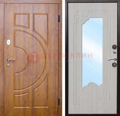 Коричневая металлическая дверь c МДФ с узором и зеркалом ДЗ-105 в Сергиевом Посаде