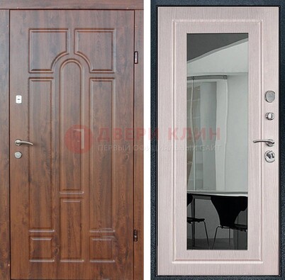 Входная коричневая дверь с МДФ Белый дуб и зеркалом ДЗ-126 в Сергиевом Посаде