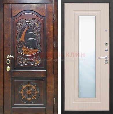 Темная уличная дверь с резьбой и зеркалом внутри ДЗ-49 в Сергиевом Посаде