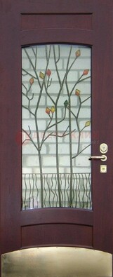 Бордовая стальная дверь с витражом и декоративным элементом ВЖ-3 в Сергиевом Посаде